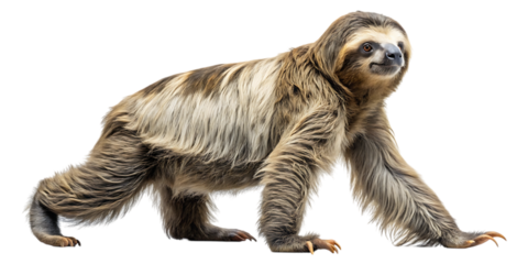 Side view of a three-toed sloth slowly walking on all fours against a dark backdrop