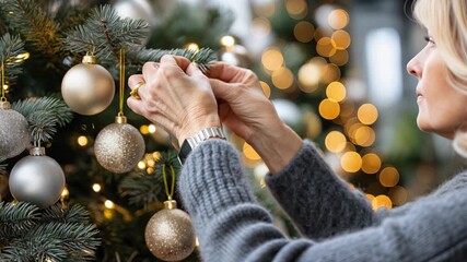 Close-up of mature woman hanging ornament on Christmas tree decorated with golden and silver baubles. Festive home interior with lights. Warm holiday mood.