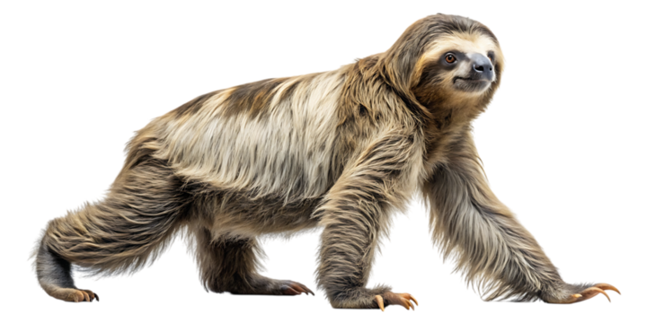 Side view of a three-toed sloth slowly walking on all fours against a dark backdrop