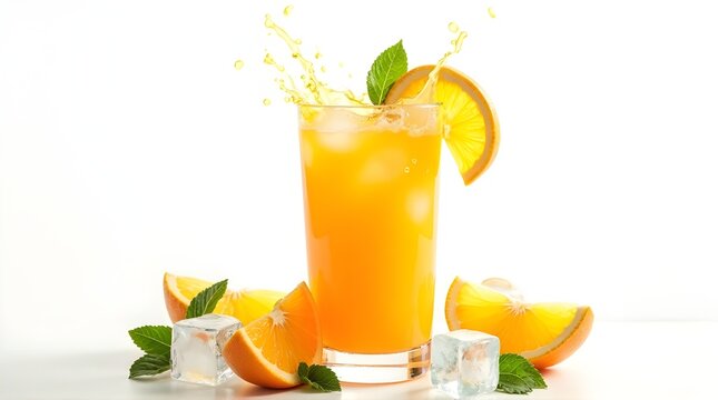 Enjoy refreshing orange juice with ice cubes and mint garnish, perfect for a vibrant summer day, showcasing healthy and delicious beverage options with a splash of citrusy flavor