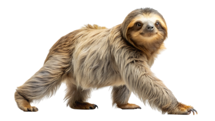 Adorable three-toed sloth walking slowly side view animal photography