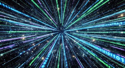 Abstract digital data stream background with binary code and light trails