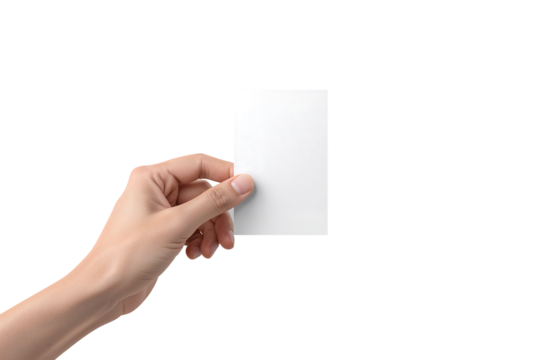 Hand holding blank white card mockup on black background for design presentation and branding identity template