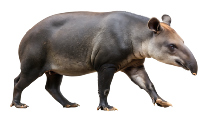 Side view of a majestic tapir walking showing its unique proboscis and stout build
