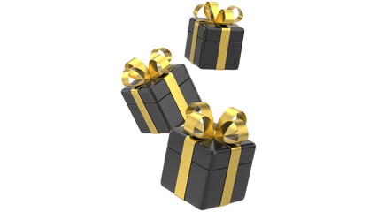 Three black gift boxes with golden ribbons and bows isolated on white background, Luxury festive presents with elegant wrapping for celebration or special event