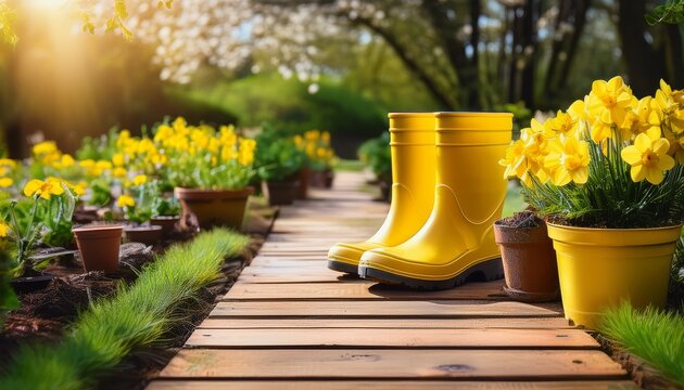 yellow rubber boots gardening tools and flower pots scattered along a rustic wooden pathway in a vibrant spring garden flower pots yellow