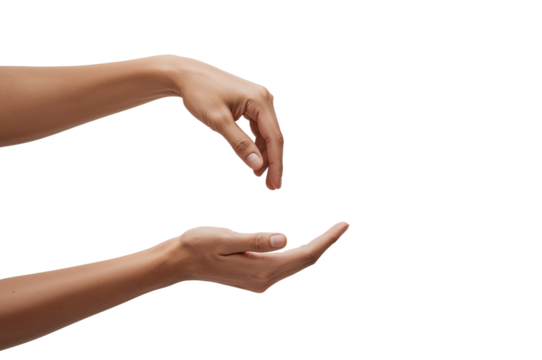 Two hands in a receiving and offering gesture isolated on black background concept of giving and caring support and generosity present