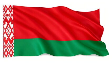 Photorealistic image of the flag of Belarus with red and green horizontal stripes and a traditional Belarusian ornament on the left side. Isolated on a white background.