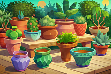 Plant pots arranged on wooden table vector essential gardening accessories for growing flowers and herbs.