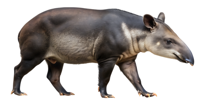 Side view of a tapir walking captured as a detailed raster image isolated on a black background