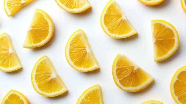 Juicy lemon wedges and halves laid out in a scattered pattern on a white background. Isolated and bright citrus composition. Fresh and vibrant. Clean food concept.