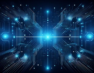 Obraz premium abstract dark blue background with circuit board pattern and glowing dots symbolizing digital communication layers within a connected tech network