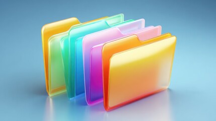 Glossy Gradient 3D Folder Icons in a Row, Symbolizing Digital Data Organization and Cloud Storage on a Blue Background