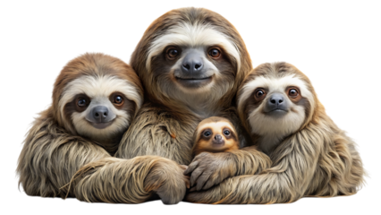 Adorable sloth family portrait cute mammal hugging isolated cute creatures together wildlife