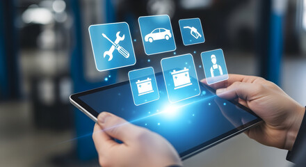 Explore innovative automotive repair solutions with a digital interface on a tablet, enhancing the efficiency of car maintenance and diagnostics seamlessly.