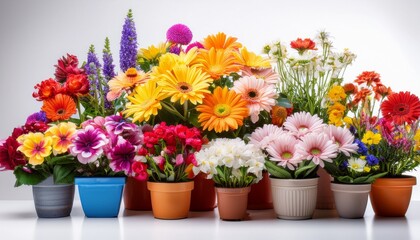 Fototapeta premium bright and vibrant flowers in assorted pots against a white background variety summer