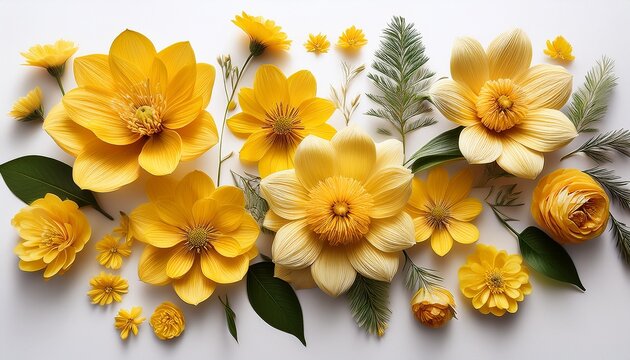 yellow flowers in various shades and sizes arranged neatly on a crisp white background perfect for spring and nature themed designs plant white background
