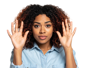  Uncertain Young Woman with Raised Eyebrows and Shrug Gesture PNG