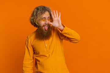 Funny comical playful Caucasian man making silly facial expressions, grimacing, fooling around,...