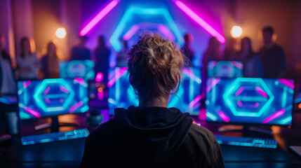 Streamer hosting live online event, multiple monitors glowing, ambient LED light, audience interaction, gaming and media culture, real-time engagement, influencer lifestyle, digita