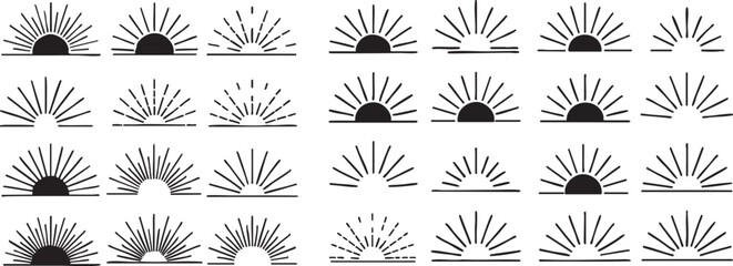 sunburst vector set of sunrise and sunset designs in black and white