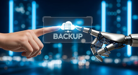 In this captivating image, a robotic hand interacts with a digital interface displaying 'BACKUP,' symbolizing data security and advanced technology solutions.