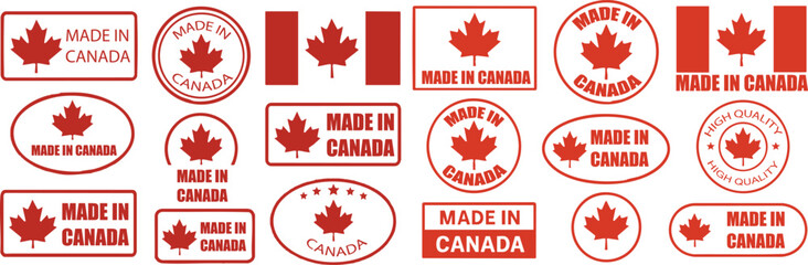 Made in Canada vector stamps and red maple leaf symbols on white background
