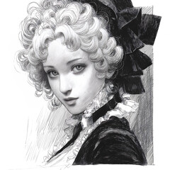 Vintage Elegance: Black & White Portrait Illustration with Curly Hair and Dramatic Lighting
