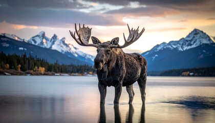 A majestic moose stands in a calm lake, with snow-capped mountains in the distance under a vibrant sunset sky
