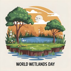 World Wetlands Day Celebrate Nature’s Water Guardians Beautiful Wetland Landscape Illustration for World Wetlands Day Wetlands Preservation Art – Celebrate World Wetlands Day