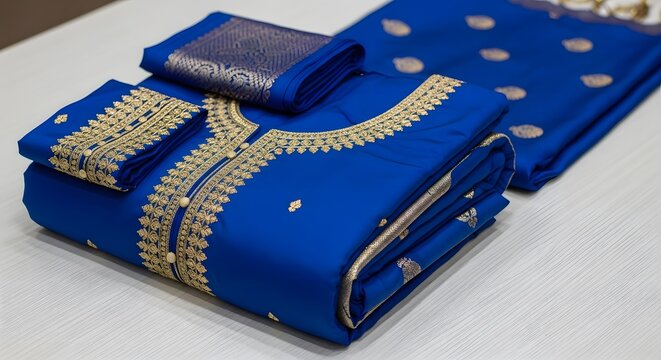 Elegant blue salwar suit with golden embroidery, perfect for special occasions