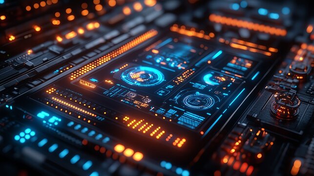 Futuristic digital interface displaying vibrant blue and orange elements, showcasing intricate technology design with glowing buttons and screens, representing advanced data visualization and interact - Powered by Adobe