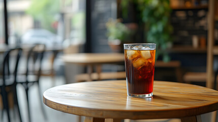 Chilled ice americano on wooden table in modern cafe
