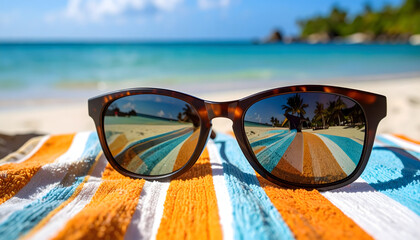 Stylish Tortoiseshell Sunglasses Resting on a Colorful Beach Towel 1.