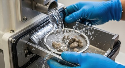 A laboratory technician wearing protective gloves is processing aggregate material, carefully pouring water over the samples