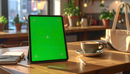 Tablet with green screen on a wooden table with coffee and notebook.