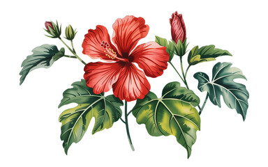 Vibrant red hibiscus flower in full bloom with lush green leaves, perfect for elegant design projects, botanical themes and artistic creations