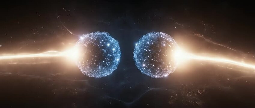 Abstract science animation showing quantum entanglement, with two connected particles mirroring each other. Represents physics and futuristic technology.