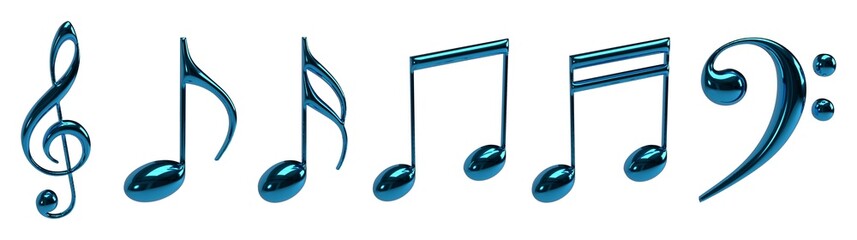 Isolated Set of Metallic Chrome Blue Music Notes 3D Render PNG © MIMGfx
