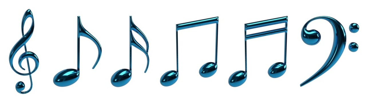 Isolated Set of Metallic Chrome Blue Music Notes 3D Render PNG