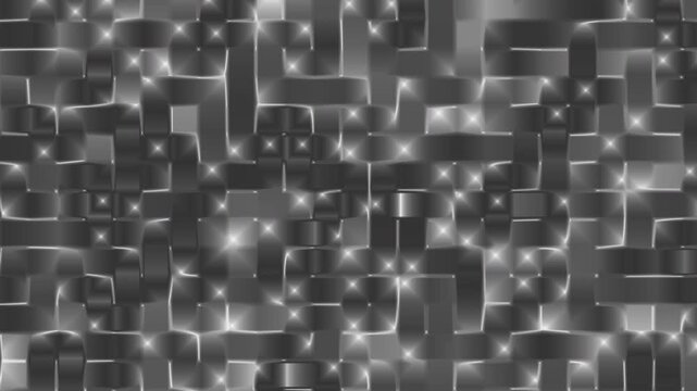 Abstract dark gray animation featuring a woven metallic texture with dynamic shifting lights. The glowing highlights move across interlaced patterns, creating a futuristic and energetic motion effect.