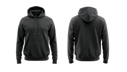 Black hoodie mockup front and back views for fashion apparel design and online store advertising showcasing versatility and style