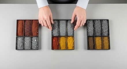 Top-down mockup of sample trays filled with various ore powders (hematite, galena, sphalerite) and a technician's hands arranging them for mineral collection