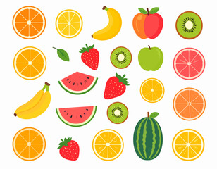Fresh fruits vector set including oranges, apples, bananas, watermelons, kiwis