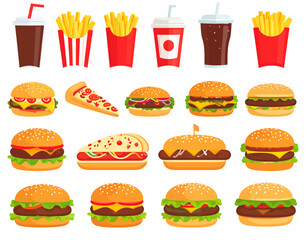 Vector icon set of burger, fries, soda, pizza