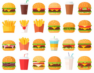 Set of 2D flat vector icons of burger, fries, soda, pizza, hotdog and sandwich