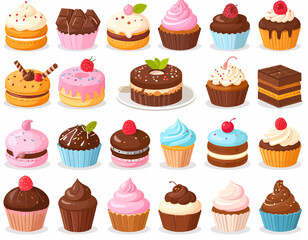 Dessert vector set includes cupcakes, donuts, ice cream, pudding, macaroons and chocolate.