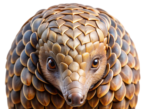 Close-up face of a unique pangolin mammal showcasing its distinctive keratin scales and gentle eyes