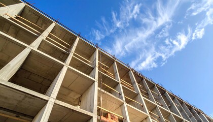 A low-angle perspective captures a building's skeletal framework against a vibrant, blue sky with wispy clouds. The sun casts shadows