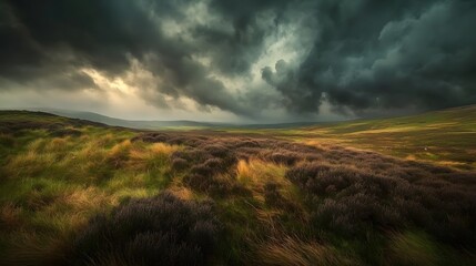 Fototapeta premium Dramatic storm clouds over rolling hills, moody moorland landscape with dark thunderous sky, atmospheric wilderness scenery with heather and grass, cinematic nature background